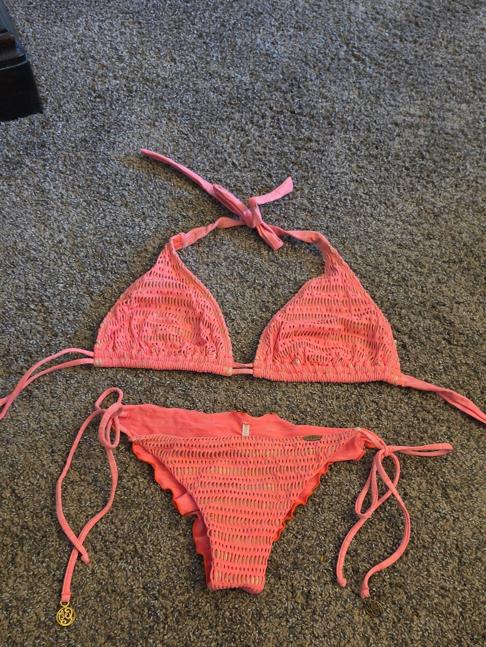 Womens Pink Crochet-Style Tie Bikini Top & Bottom Brazilian Cut Side Tie Set